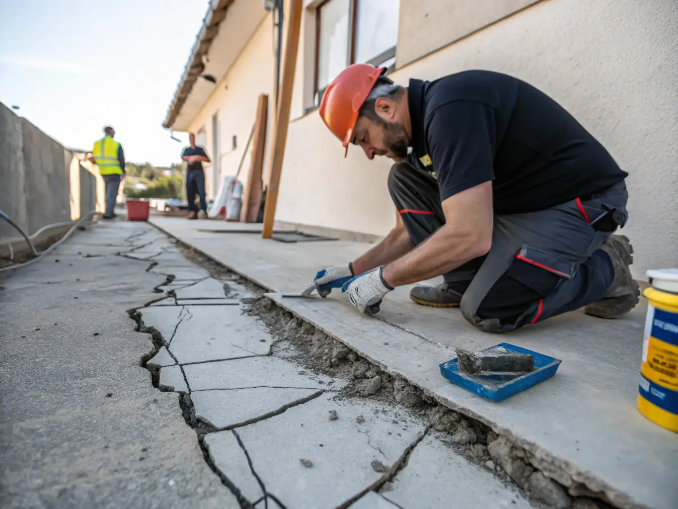 A close-up shot of a skilled technician meticulously repairing a crack in a concrete wall using epoxy injection, showcasing precision and attention to detail.